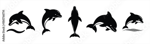 Set of five silhouette illustrations of dolphins in various poses