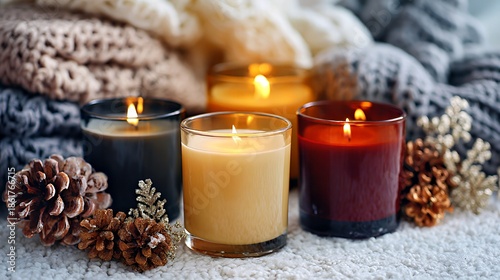 Cozy Winter Glow: Scented Candles with Knit Blankets & Pinecones