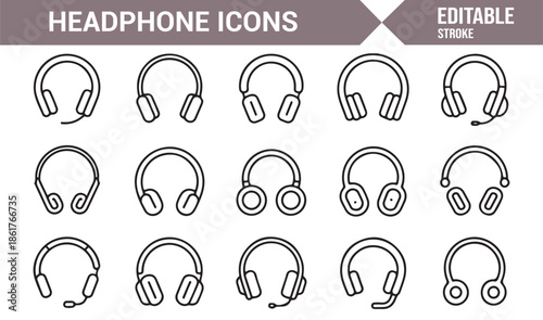 Gaming and studio headphone line style icon set