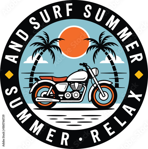 Motorcycle Surf Summer Round with Palm Trees and Sun