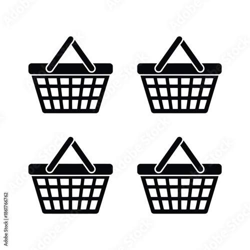 Simple illustration of four black shopping baskets on a white background