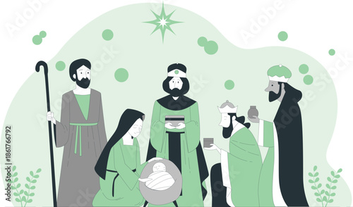 The Nativity Scene Depicted with Mary, Joseph, and the Three Wise Men Arriving to Pay Homage to the Newborn Baby in a Serene Illustration