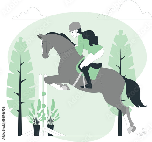 Rider on horseback jumping over obstacles in a serene outdoor setting