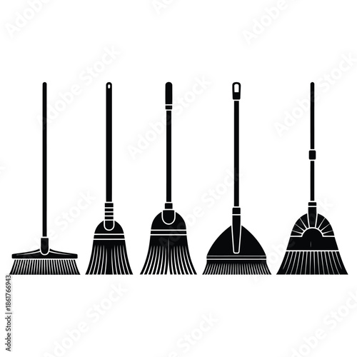 A collection of black silhouette cleaning brooms in a simple arrangement