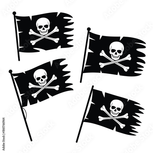 Four pirate flags with skull and crossbones on a white background