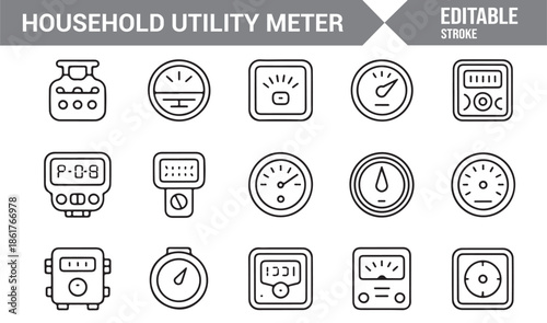 Household utility meter outline icons set for energy usage