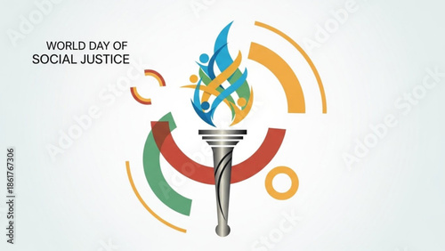 World day of social justice torch illustration with colorful flame and abstract shapes