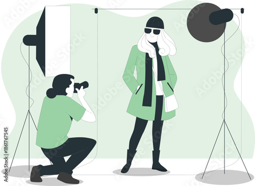 Photographer capturing a fashionable woman in a studio setting with lighting equipment