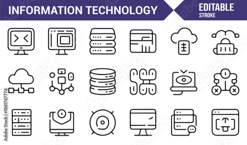 Editable information technology line icons for UI design