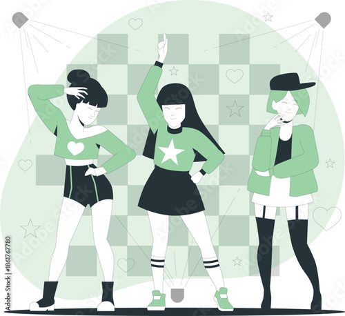 Three fashionable women posing confidently in stylish outfits against a checkered background with stars and hearts.