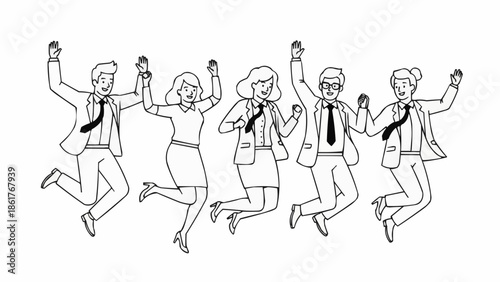 Diverse group of business professionals celebrating success with joyful jumping.