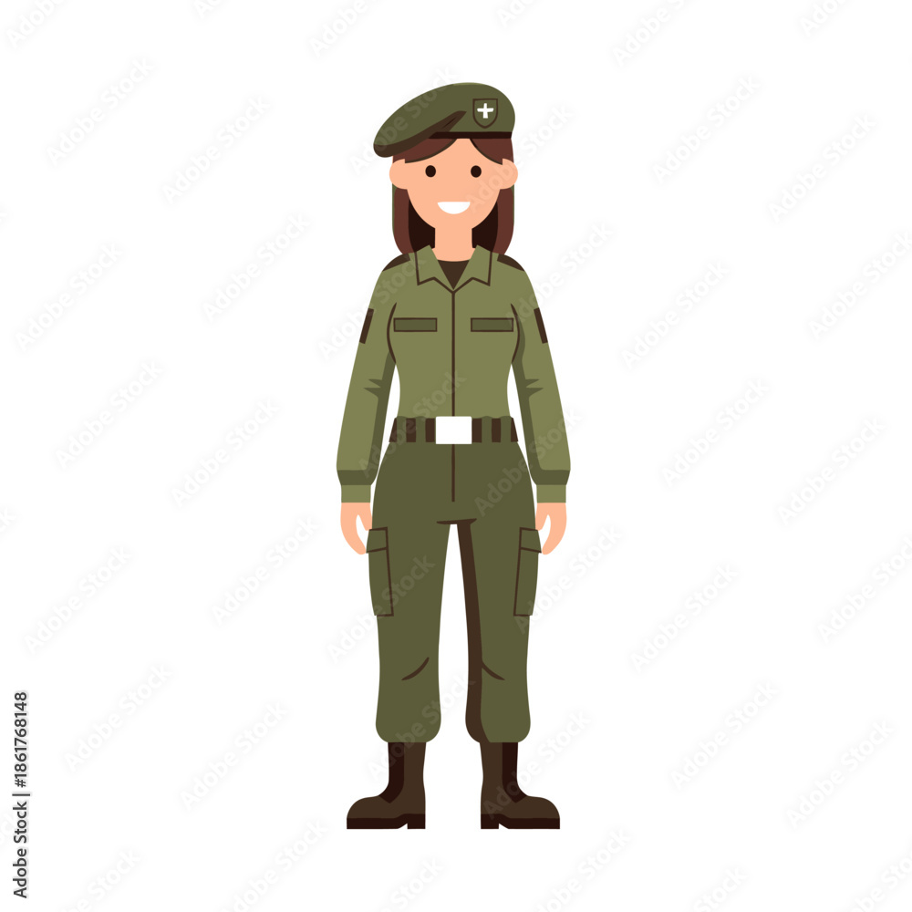 Fototapeta premium Female Soldier in Uniform with Beret, White Cross Emblem - Flat Design
