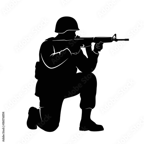 Soldier silhouette kneeling firing assault rifle, military uniform, combat gear, weapon aiming, action pose