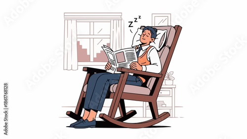 Man reading newspaper falls asleep in rocking chair.