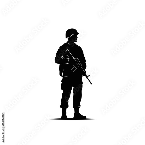 Silhouette Soldier with Rifle on White Background