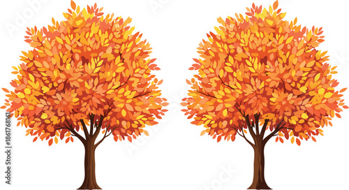 Autumn trees flat vector illustration, colorful fall foliage design, isolated deciduous tree icons for nature landscape seasonal graphic use