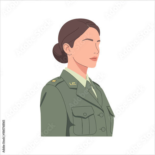 Female military officer portrait, uniform, profile view, clean vector illustration