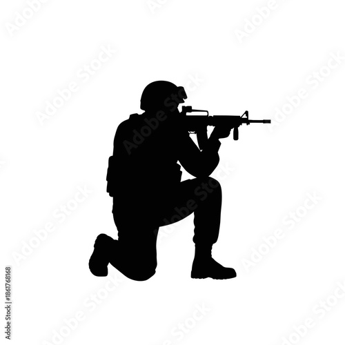Silhouette Soldier Kneeling Aiming Rifle Weapon Combat Military Action