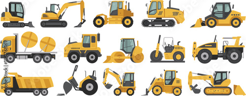 Construction heavy machinery vehicles vector illustration set featuring excavators loaders rollers trucks equipment for industrial engineering building projects