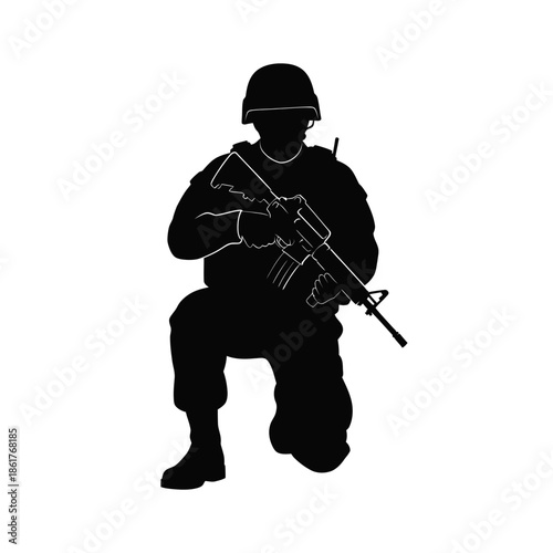 Silhouette Soldier Kneeling with Rifle, Military Combat Pose, Black on White Background