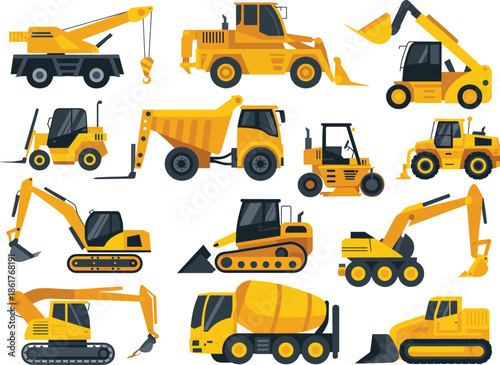 Construction heavy machinery vehicles vector illustration set including excavators cranes loaders trucks equipment for industrial building engineering projects