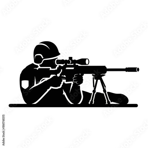 Sniper soldier aiming rifle with scope, military silhouette, tactical warfare concept
