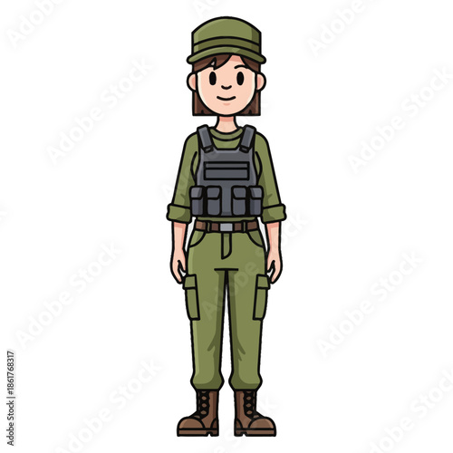 Cartoon Female Soldier in Uniform with Bulletproof Vest and Cap