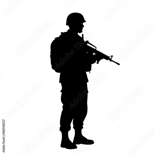 Silhouette of a soldier with rifle and backpack, standing, black and white