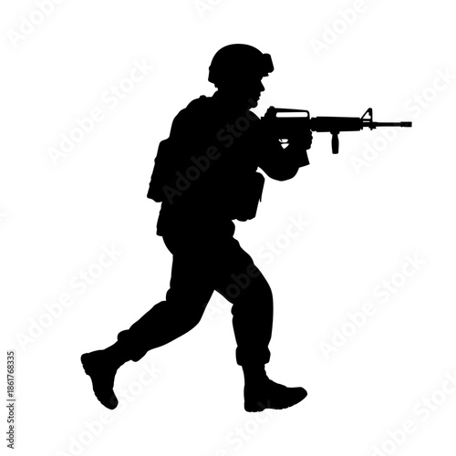 Silhouette of a soldier running with a rifle, military combat action, black on white background