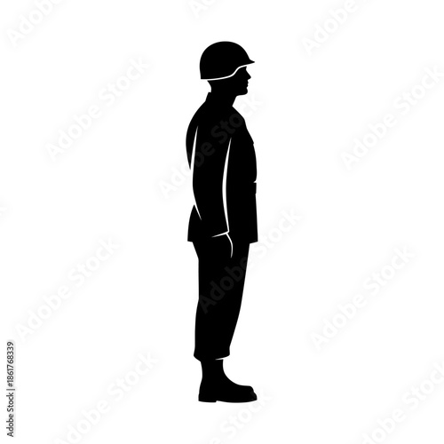 Silhouette of a soldier in uniform, standing at attention, side view, isolated on white.