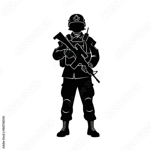 Silhouette of a soldier holding a rifle, ready for action, military concept