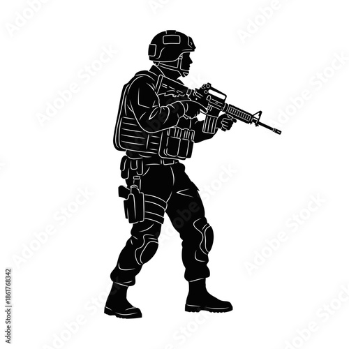 Silhouette of Soldier in Tactical Gear Holding Assault Rifle, Military Combat Pose