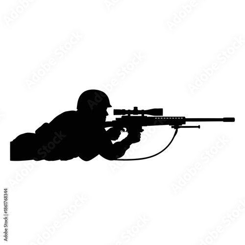Silhouette of a sniper aiming a rifle with scope, lying prone on white background.