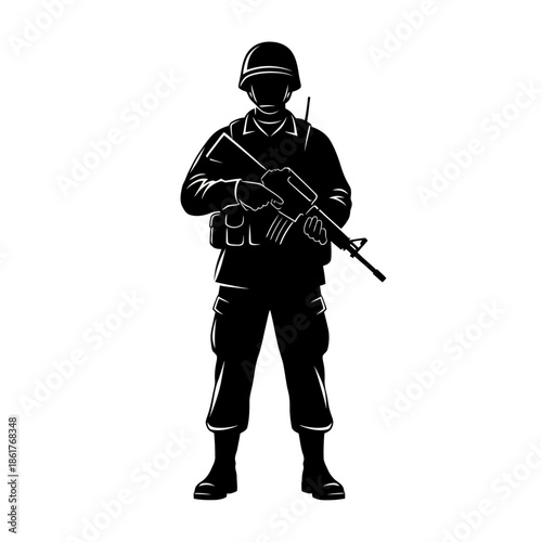 Silhouette soldier holding assault rifle, military uniform, helmet, standing pose, ready for action