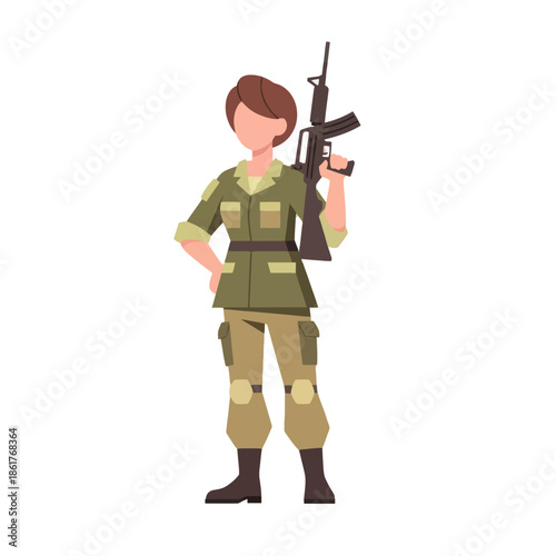 Female soldier holding rifle, flat illustration, military uniform, army woman, defense concept