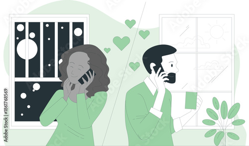 Couple having a romantic conversation on phone in a modern living room with decorative elements