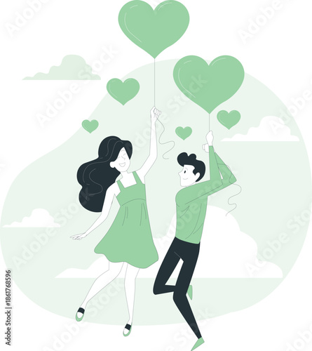 Couple jumping with heart-shaped balloons on a cloudy day