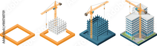 Isometric building construction stages vector illustration with tower cranes showing architectural development engineering process urban infrastructure growth concept