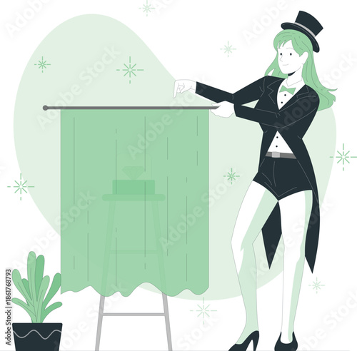 Magician performing magic trick with green curtain and top hat illustration