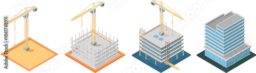 Isometric building construction stages vector illustration with tower cranes showing architectural development engineering workflow modern urban infrastructure project