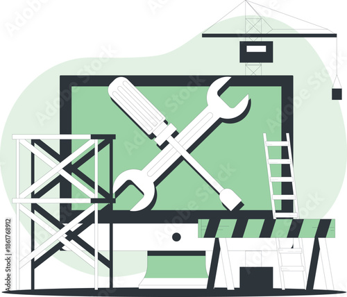 Construction site with tools and scaffolding on a computer screen displaying a maintenance theme