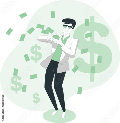 A businessman surrounded by floating currency symbols happily holds a money bag