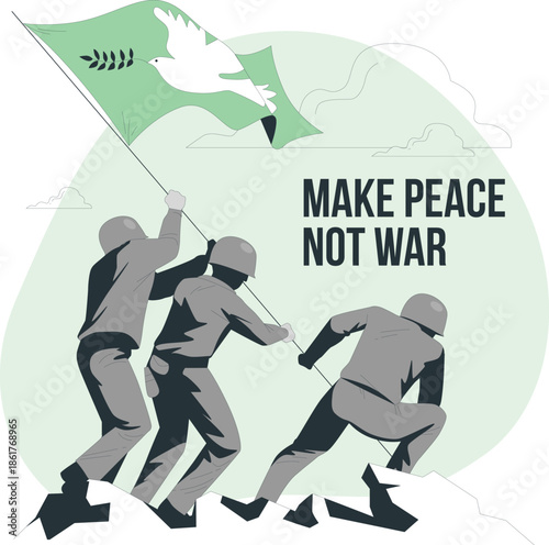Soldiers Pulling on a Flag with a Dove and the Slogan Make Peace Not War
