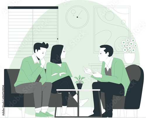 Three people sitting in a living room having a discussion with a coffee table in front of them