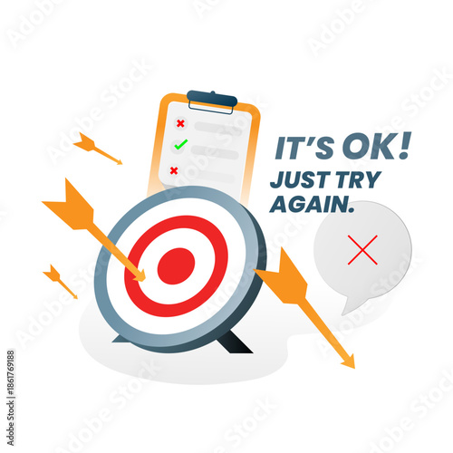 Vector illustration of missing target, motivational quote It’s okay! Just try again. failure, retry, learning process, trial and error, performance evaluation, goal assessment, continuous improvement