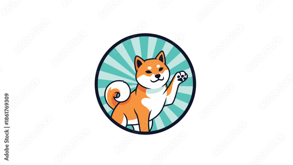 Obraz premium Happy Shiba Inu cartoon dog waving its paw set against a turquoise sunburst background in a circular frame illustration.