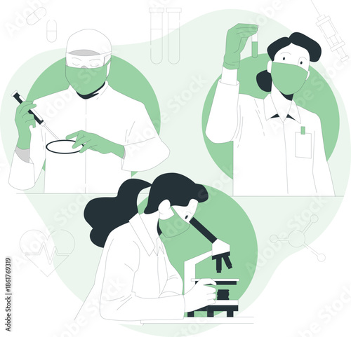 Scientists conducting research in a laboratory setting with various equipment and microscopes