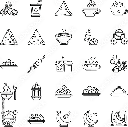 Ramadan Iftar Food Icons Set Islamic Celebration Line Art Elements
