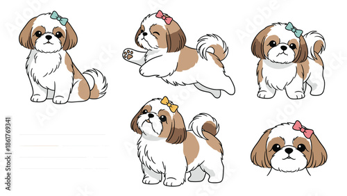 Set of cute Shih Tzu cartoon dog illustrations in various playful poses wearing colorful bows on their heads for pet lovers.