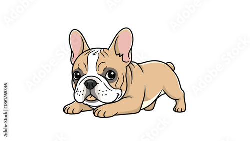 Playful French Bulldog cartoon character in a stretching play bow pose isolated on a clean white background for web design.